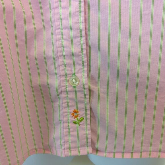 Old Navy perfect fit long sleeve pink and green stripe button front shirt. - Picture 4 of 15